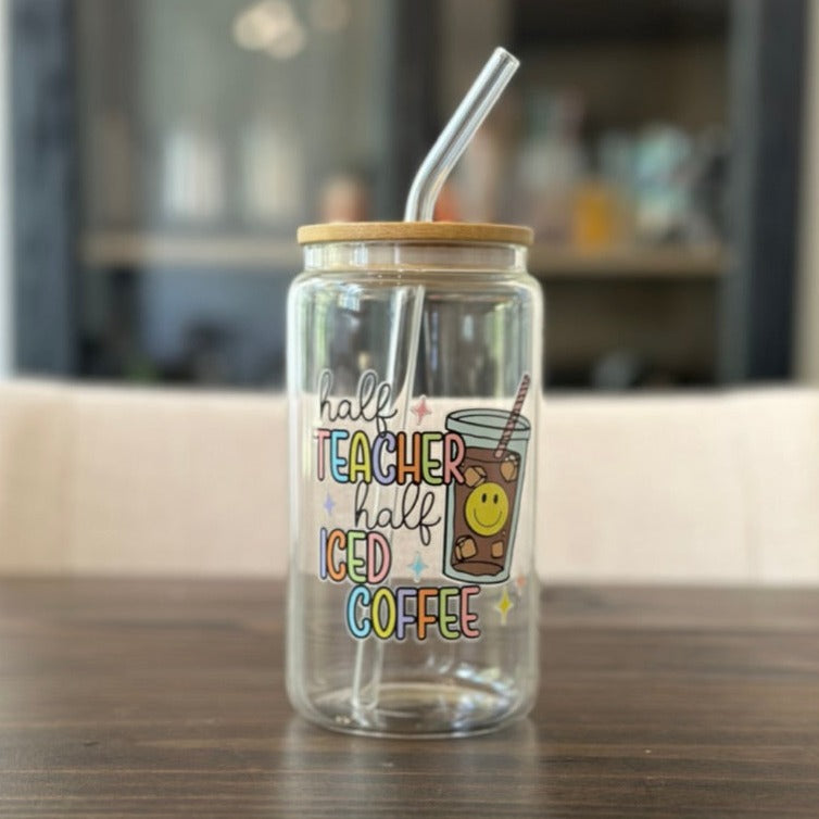 Half teacher half coffee 16oz Glass Can - Glass Beer Can