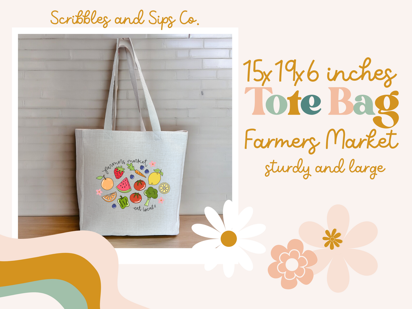 Farmers Market Tote Bag, Large size of 15x19x6 Inches