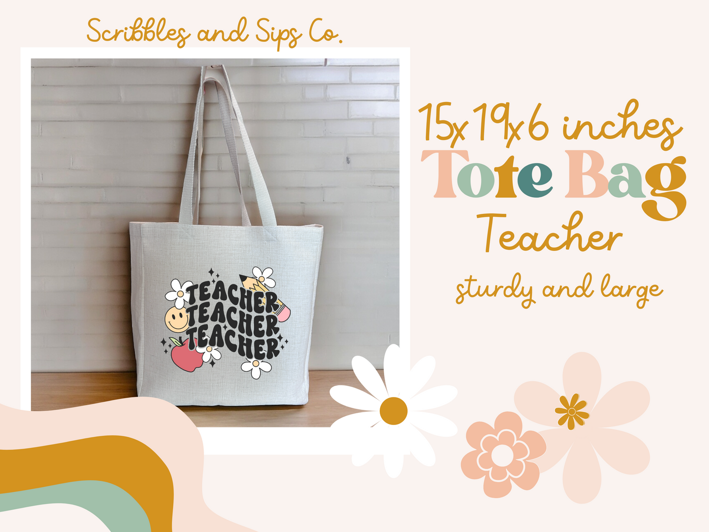 Retro Teacher Tote Bag, Large size of 15x19x6 Inches