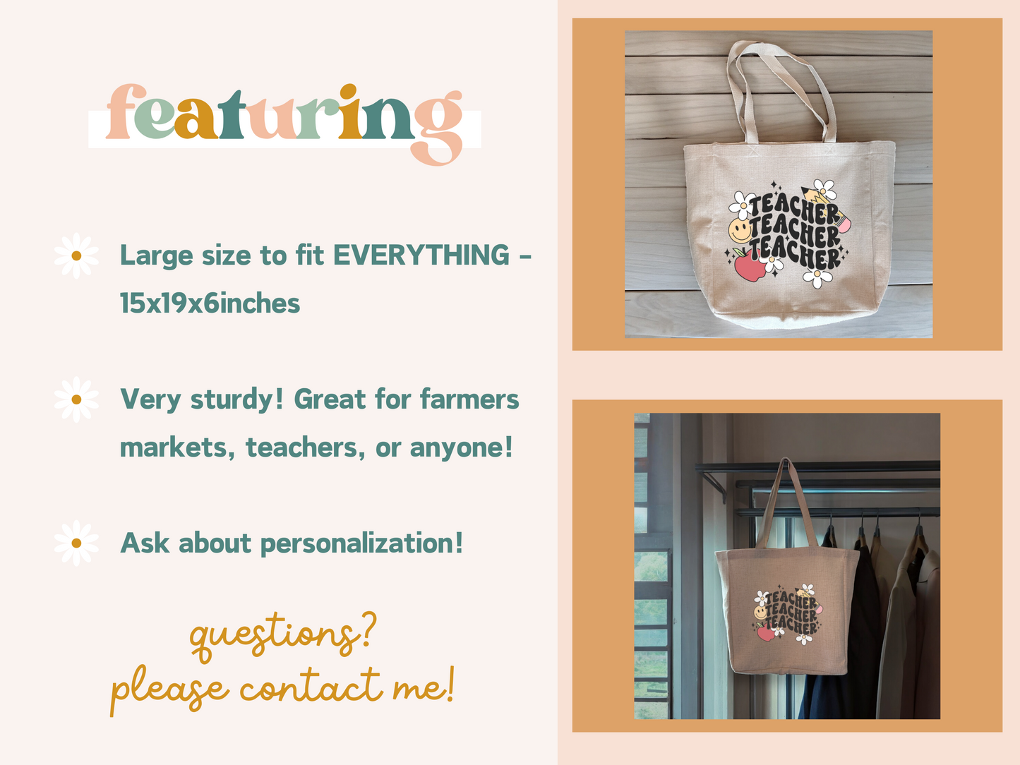 Retro Teacher Tote Bag, Large size of 15x19x6 Inches