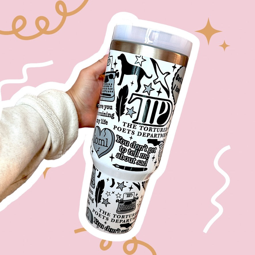 TTPD tumbler 40oz Tumbler - With handle and straw, The tortured poets department, Taylor