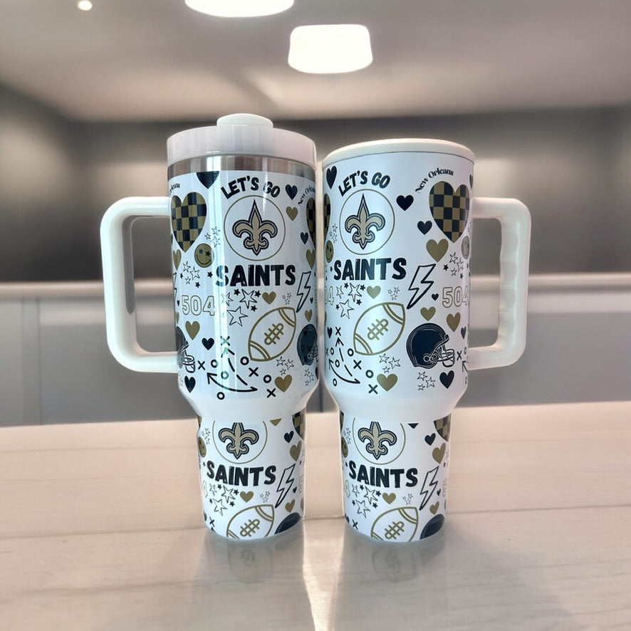 Saints Football 40oz Tumbler - With handle and straw