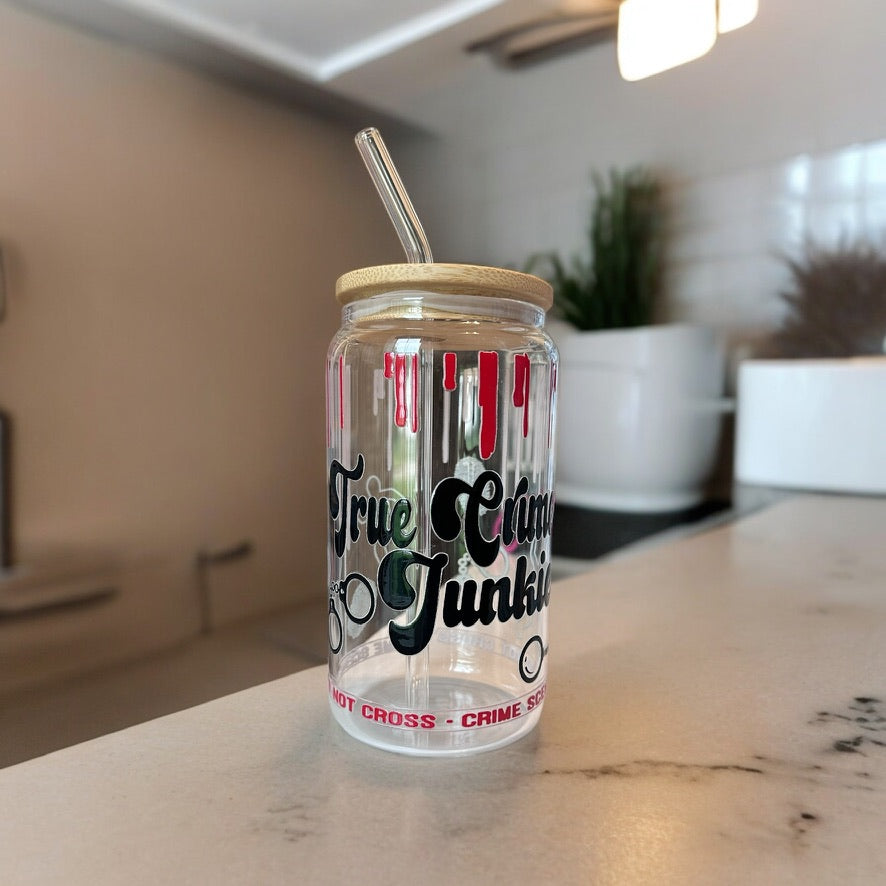 True Crime Junkie 16oz Glass Can - Glass Beer Can