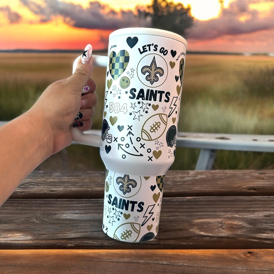 Saints Football 40oz Tumbler - With handle and straw