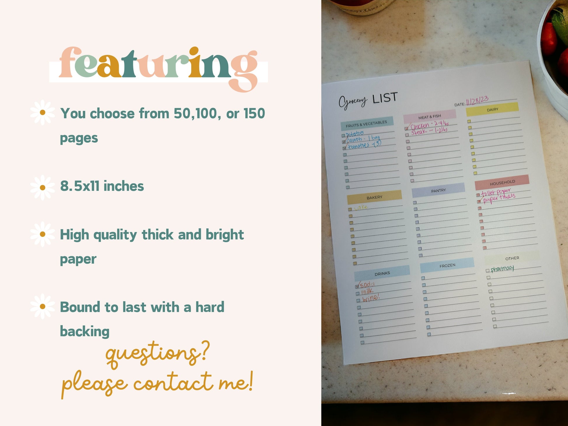 Grocery List Notepad - 8.5x11in notepad - Planner - Notepad for all your thoughts! Meal Planning