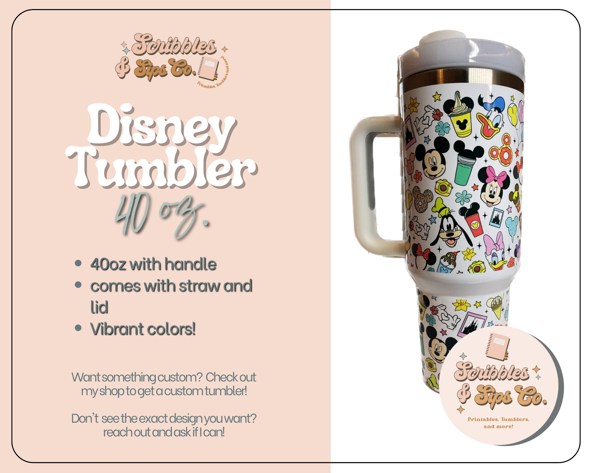 40oz Magical Character Tumbler - With handle and straw - Disney World - Sublimation Tumber - 40oz Tumbler with. handle.