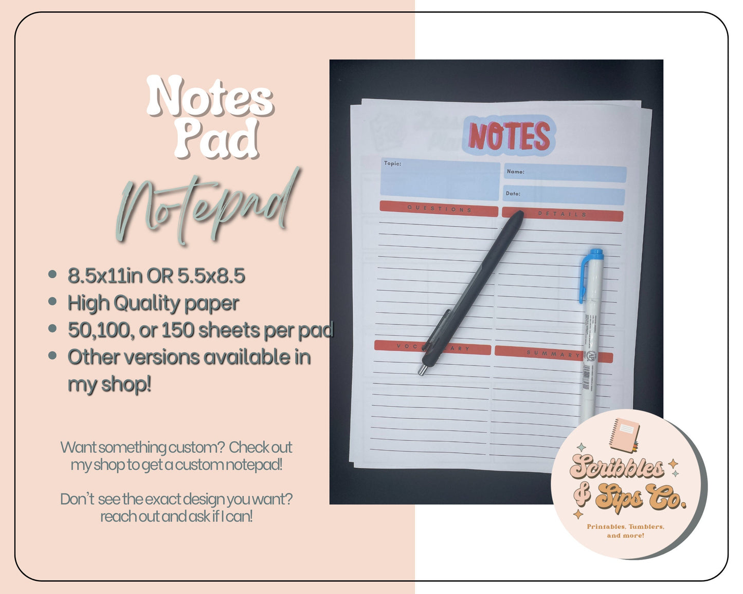 Notes Notepad- 8.5x11in OR 5.5x8.5in notepad - Notes - College notepad - Study guide - Cornell notes