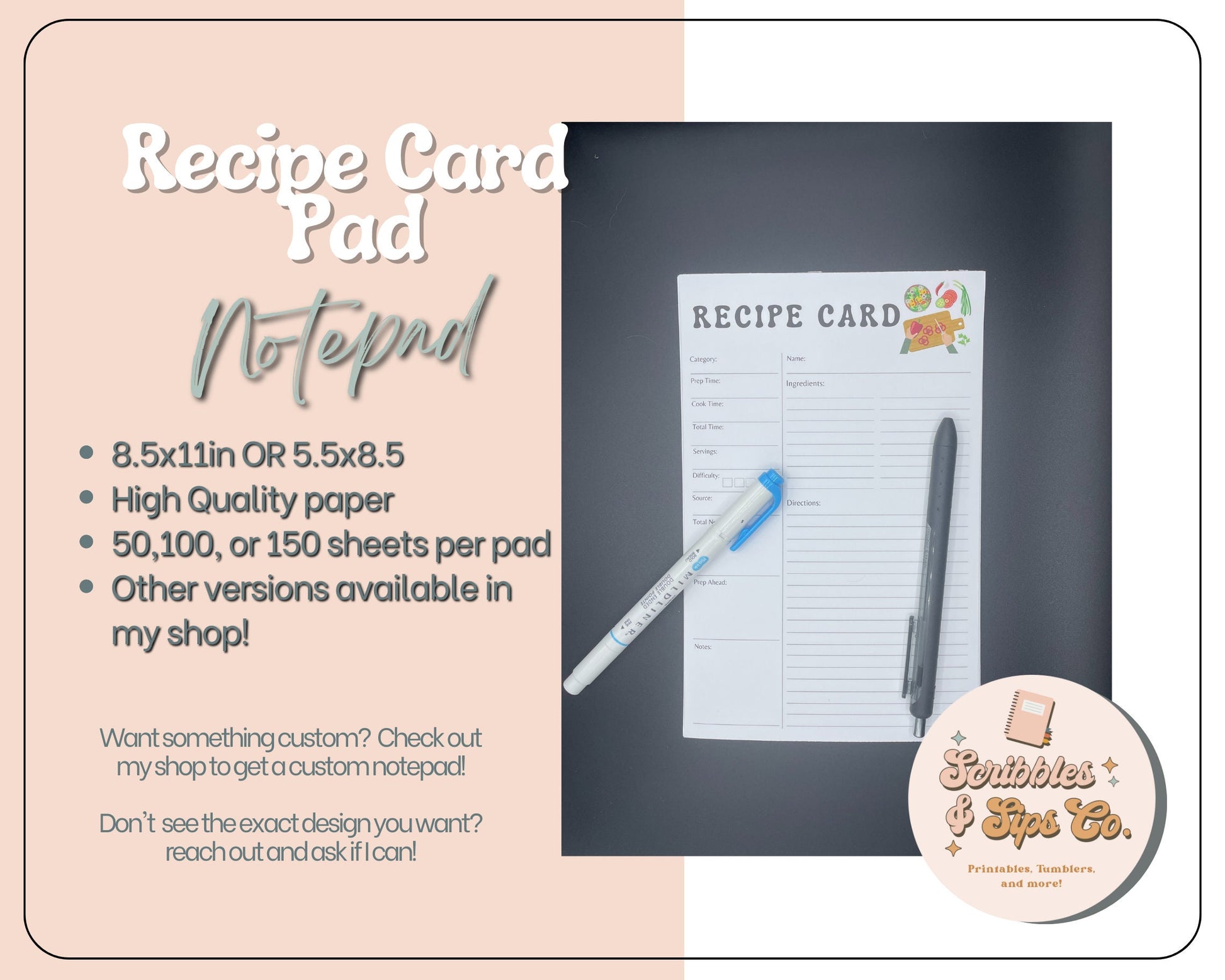 Recipe Notepad- 8.5x11in OR 5.5x8.5in notepad - cooking - Recipe card