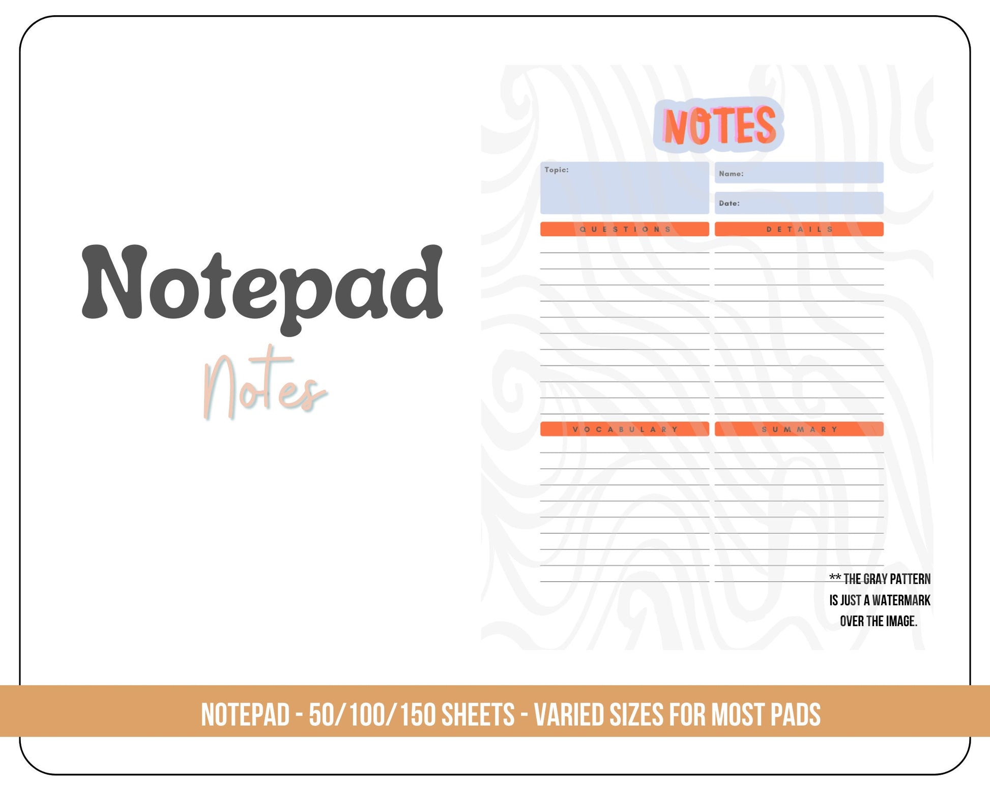 Notes Notepad- 8.5x11in OR 5.5x8.5in notepad - Notes - College notepad - Study guide - Cornell notes