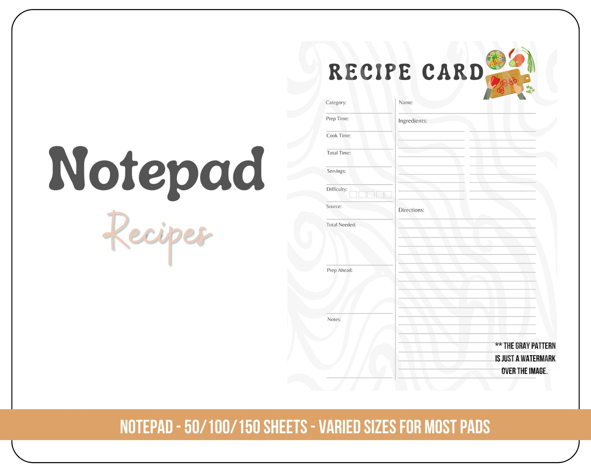 Recipe Notepad- 8.5x11in OR 5.5x8.5in notepad - cooking - Recipe card