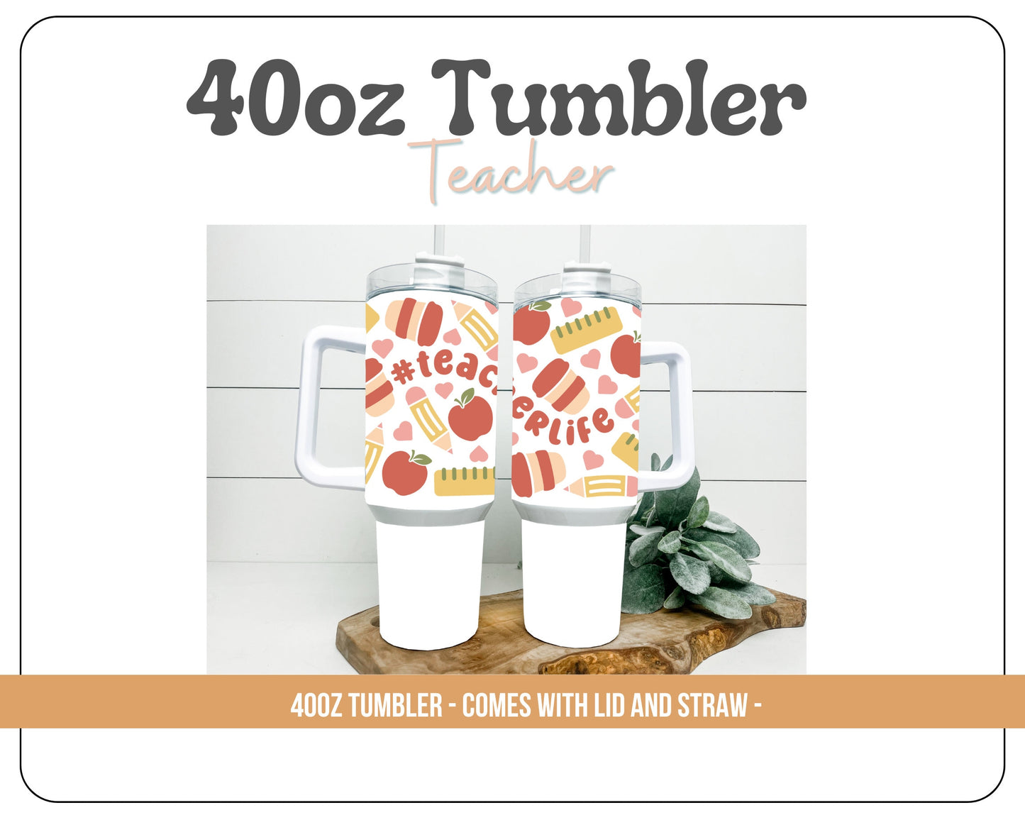 40oz #teacherlife red and orange Tumbler - With handle and straw