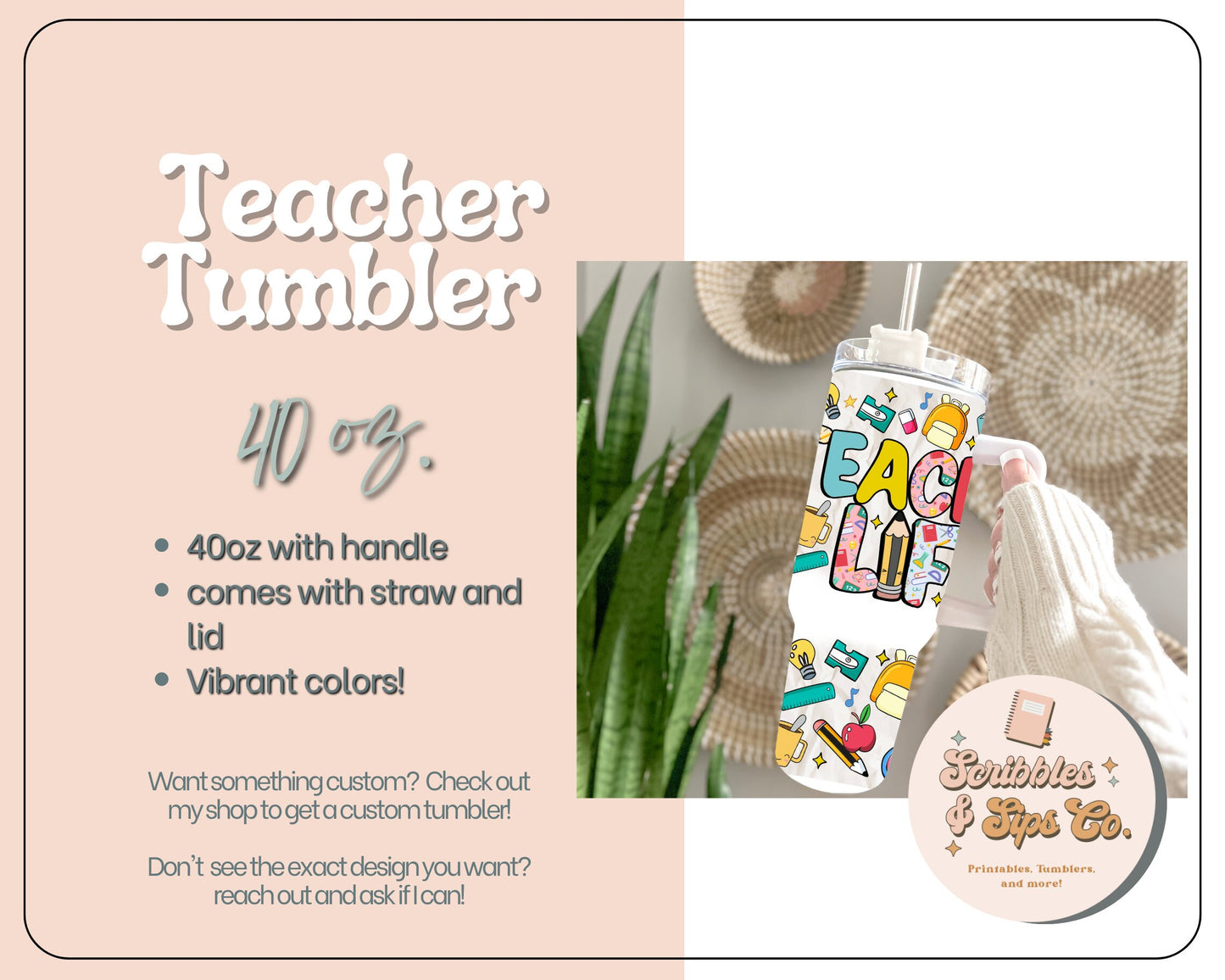 40oz Teacher life school supplies Tumbler - With handle and straw