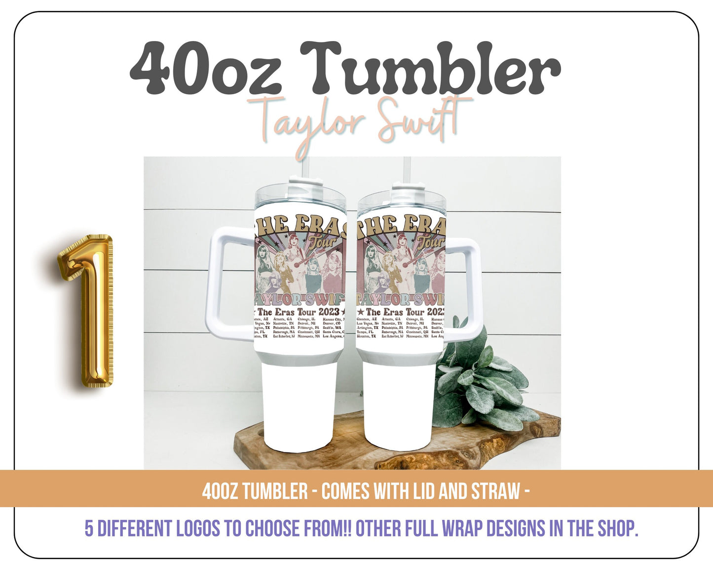 Taylor Swift tumbler - 5 logos 40oz Tumbler - With handle and straw - 40oz Tumbler with handle. TS Eras Tour- Red- 22-Midnight albums.