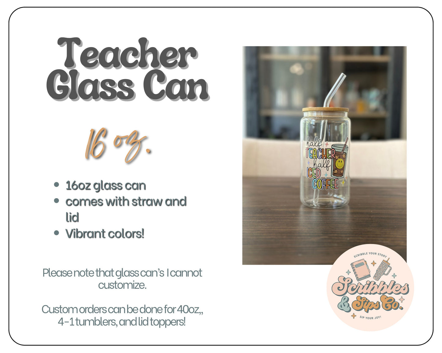 Half teacher half coffee 16oz Glass Can - Glass Beer Can