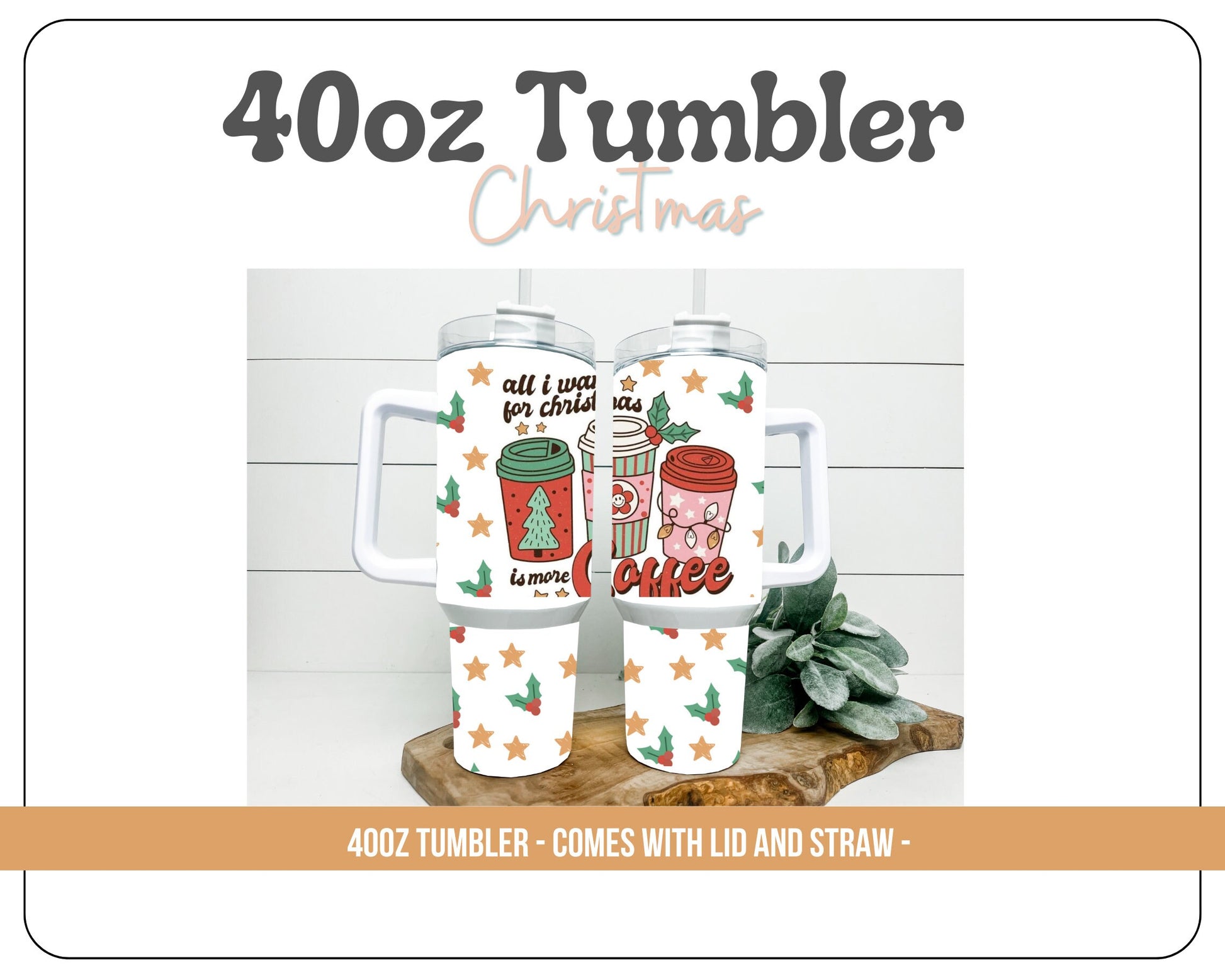 Christmas 40oz Tumbler - handle and straw - Holidays tumbler- 40oz Tumbler with handle. Ho Ho Ho. Santa. All i want for Christmas is coffee.