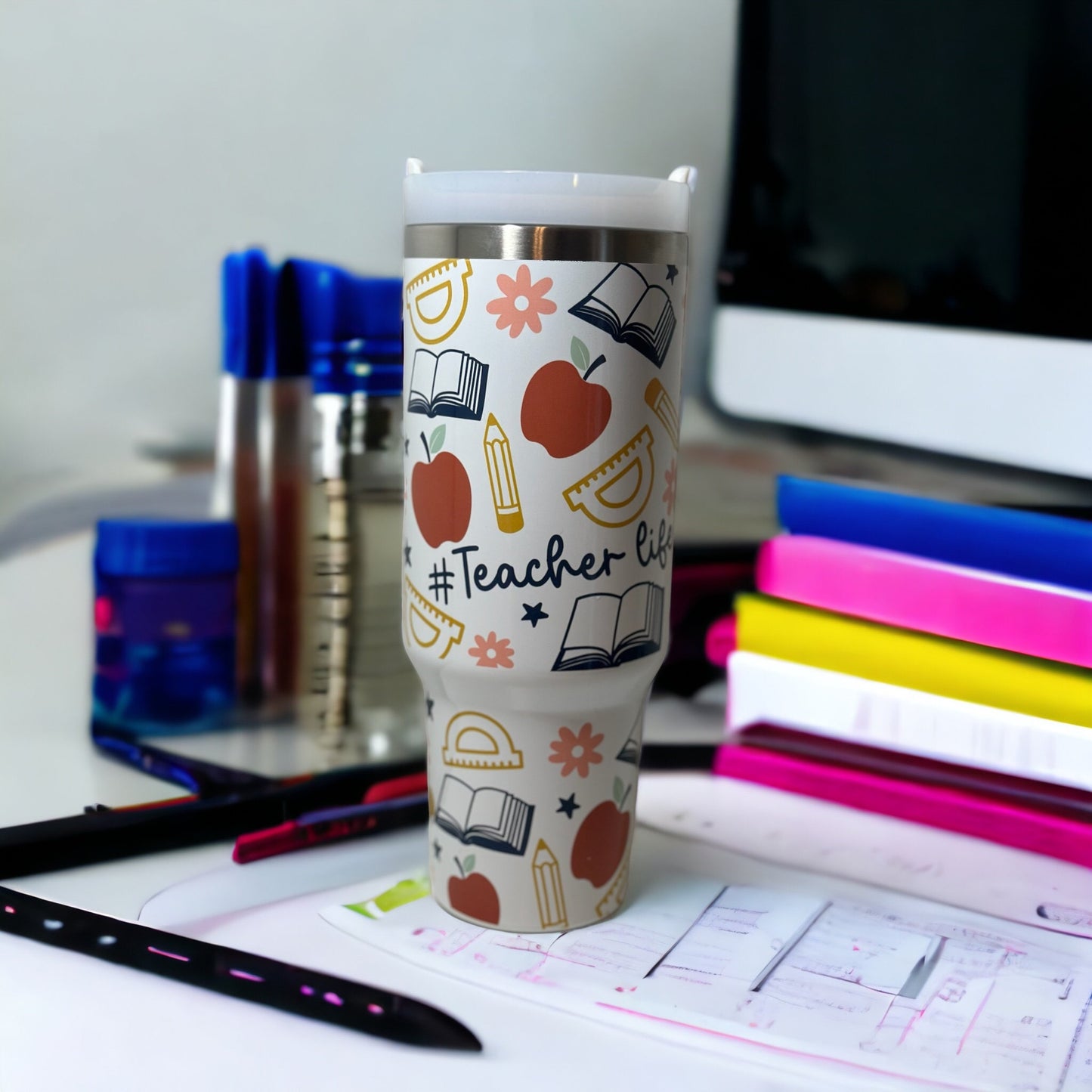 40oz #teacherlife Tumbler - With handle and straw - school supplies- Sublimation Tumber - 40oz Tumbler with. handle.