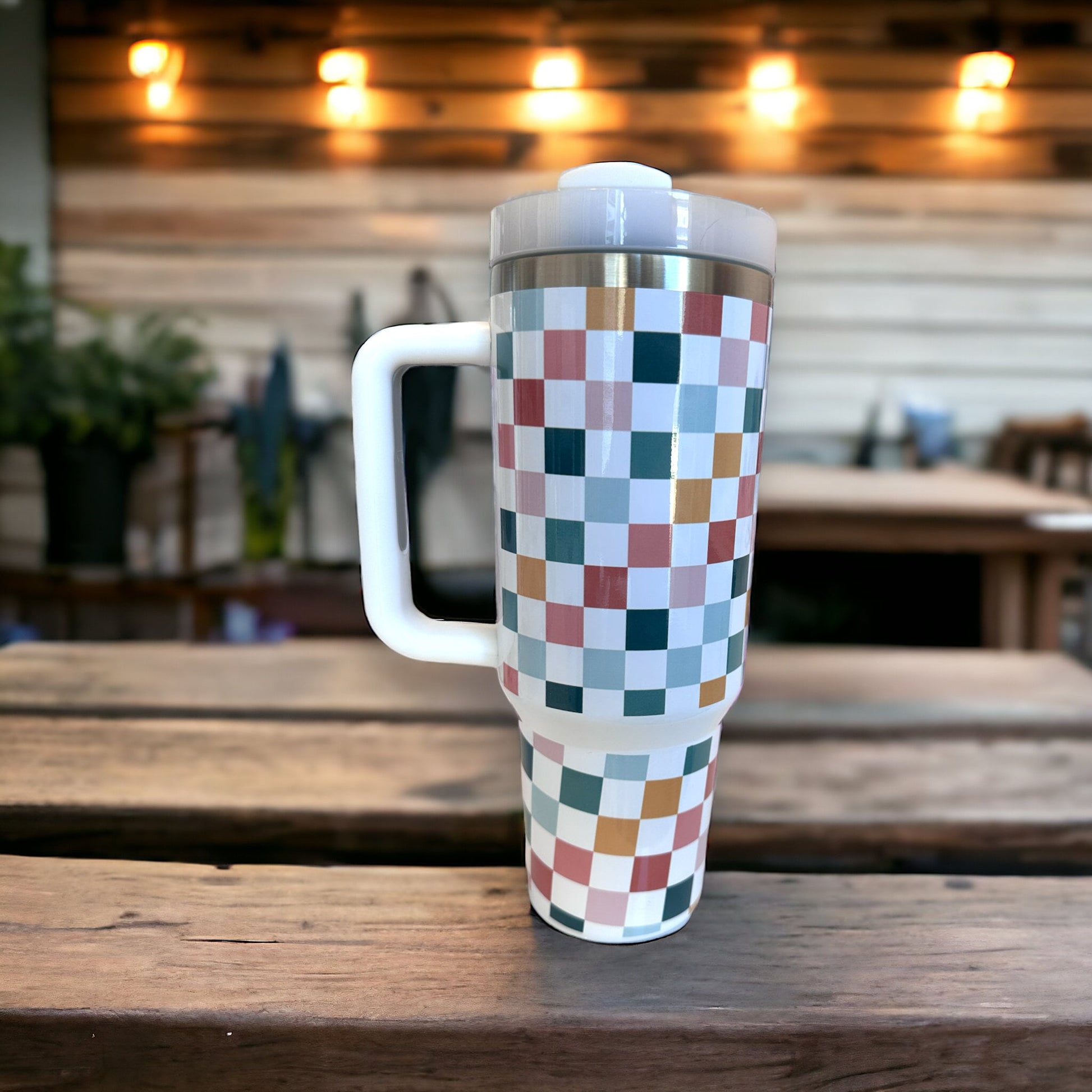 40oz Retro colorful checkered Tumbler - With handle and straw