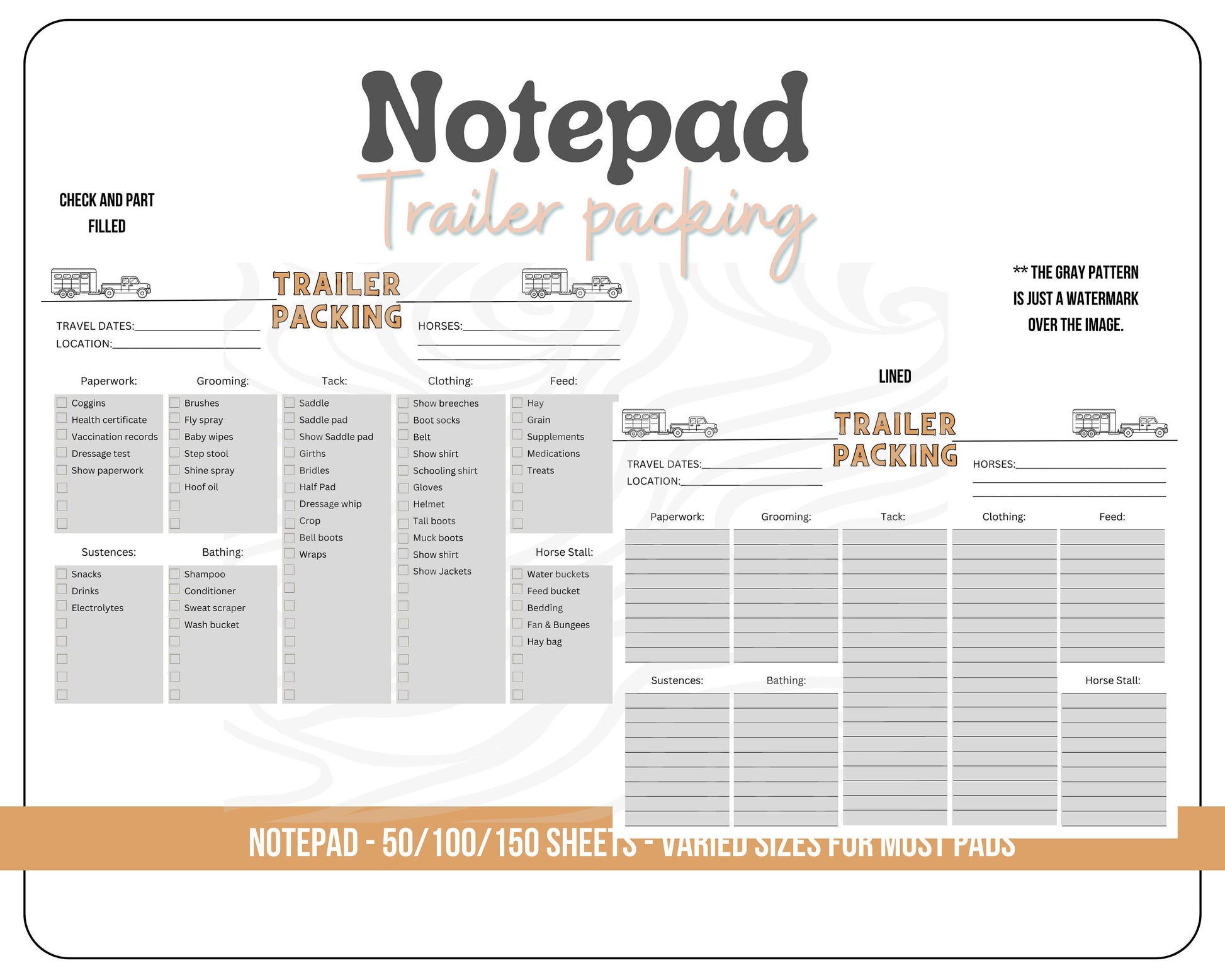 Equestrian Trailer Packing pad Style 3- 8.5x11in notepad